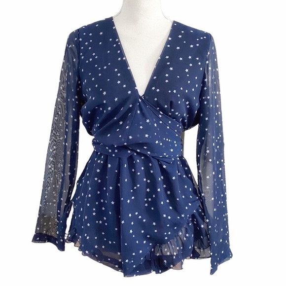 LIONESS NAVY WHITE STAR PRINT FRONT TIE LONG SLEEVE CHIFFON RUFFLE ROMPER - XS - Picture 2 of 11